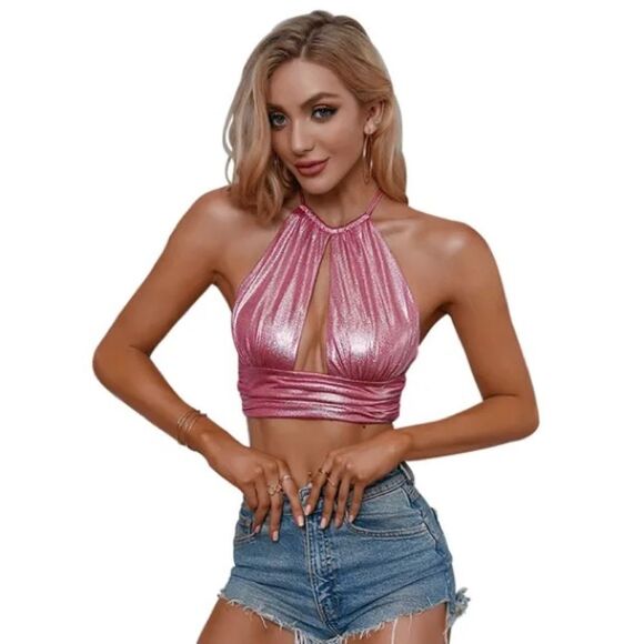 NWOT Metallic Pink Ruched Cut Halter Neck Crop Top- Double Crazy Sz M - Picture 2 of 6